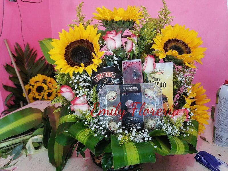 GIRASOLES ROSAS Y CHOCOLATES 